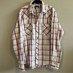 ✨ Wrangler Men’s White Maroon Plaid Pearl Snap Button Down Shirt Large